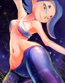 1girl blue_hair breasts cityscape dutch_angle navel nintendo octoling outstretched_arms pants red_eyes shiver_(splatoon) small_breasts smile solo splatoon_(series) splatoon_3 tentacle_hair wing wing3354