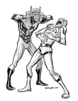 2boys blue_beetle bobby_rubio booster_gold dc_comics full_body greyscale imitating laughing male_focus michael_carter mocking monochrome multiple_boys sketch superhero_costume ted_kord white_background