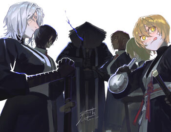 3boys 3girls bamboo-hatted_kim black_coat black_gloves black_hair black_kimono black_suit blade_lineage_(identity)_(project_moon) blonde_hair blue_eyes bottle brown_hair closed_eyes closed_mouth coat don_quixote_(project_moon) eye_trail faust_(project_moon) formal_clothes from_side gloves glowing glowing_eye hand_wraps hat highres holding holding_bottle holding_sword holding_weapon japanese_clothes katana kimono light_trail limbus_company long_sleeves looking_at_another looking_to_the_side meursault_(project_moon) multicolored_coat multiple_boys multiple_girls necktie open_clothes open_kimono outis_(project_moon) pants project_moon red_necktie red_rope rope satome_setsuko scar scar_across_eye scar_on_face sheath shirt short_hair signature sinclair_(project_moon) standing suit sun_hat sword tongue tongue_out unsheathing weapon white_background white_coat white_hair white_shirt yellow_eyes yi_sang_(project_moon)