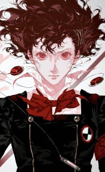 1girl armband black_jacket bow brown_hair closed_mouth commentary_request digital_media_player digital_walkman earphones earphones_removed floating_hair gekkoukan_high_school_uniform hair_ornament hairclip highres jacket jing_zhi_kaoxiang_yu_re_zhong looking_at_viewer persona persona_3 persona_3_portable portrait red_armband red_bow red_eyes school_uniform shiomi_kotone solo straight-on walkman_nw-s203f white_background