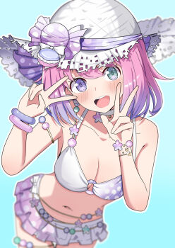 1girl aqua_background bare_shoulders bikini blush bracelet breasts candy_hat_ornament cleavage commentary_request frilled_bikini frills gradient_hair green_eyes hat heterochromia highres himemori_luna himemori_luna_(summer) hololive hosinonana jewelry looking_at_viewer medium_breasts medium_hair multicolored_hair navel official_alternate_costume open_mouth pink_hair polka_dot polka_dot_bikini polka_dot_swimsuit purple_eyes purple_hair simple_background solo sun_hat swimsuit teeth tongue two-tone_hair upper_body upper_teeth_only v virtual_youtuber white_bikini white_hat