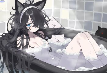 1girl absurdres animal_ears bathing bathtub black_hair blue_eyes breasts cat_(nyanko_daisensou) cat_ears cat_girl completely_nude convenient_censoring ebora expressionless hair_over_one_eye hairband highres kasli_(nyanko_daisensou) long_hair lying medium_breasts nude nyanko_daisensou on_back partially_submerged soap_bubbles soap_censor very_long_hair wet