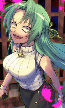 1girl bare_arms bare_shoulders black_skirt blood blood_splatter breasts cowboy_shot crazy crazy_eyes crazy_smile from_above furrowed_brow glowing green_eyes green_hair hair_ribbon half_updo higurashi_no_naku_koro_ni holding indoors large_breasts long_hair looking_at_viewer nishino_(fetv8484) nose open_mouth parted_bangs pencil_skirt pink_blood raised_eyebrows ribbon sanpaku sidelocks skirt sleeveless sleeveless_sweater sleeveless_turtleneck smile solo sonozaki_shion stun_gun sweater teeth tongue turtleneck turtleneck_sweater walking wrist_cuffs yellow_ribbon