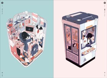 2girls backpack bag black_hair blunt_bangs braid cellphone chair clothes_hanger commentary_request daisukerichard desk egg_(food) elbow_rest flat_color food head_rest headphones hood hoodie long_hair long_sleeves messy_room monitor multiple_girls on_desk original paper_airplane phone pizza room school_uniform serafuku shoes simple_background sitting sleeping sneakers split_screen twin_braids window