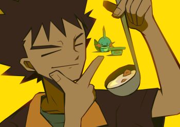 1boy absurdres brock_(pokemon) brown_hair brown_jacket closed_eyes closed_mouth commentary_request fingernails food gen_3_pokemon highres holding holding_ladle jacket ladle lotad male_focus mudkip nintendo open_mouth ottoyamaotoko8 pokemon pokemon_(anime) pokemon_(creature) pokemon_rse_(anime) short_sleeves simple_background smile solo_focus soup spiked_hair yellow_background