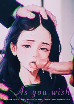 1girl 2boys absurdres black_eyes black_hair black_sailor_collar black_serafuku censored chromatic_aberration collarbone commentary dazed drooling english_commentary english_text fellatio hand_on_another's_head hetero higashiyama_shou highres indoors licking licking_penis loli long_hair mosaic_censoring multiple_boys neckerchief open_mouth oral original penis red_neckerchief sailor_collar saliva school_uniform serafuku testicles tongue tongue_out upper_body