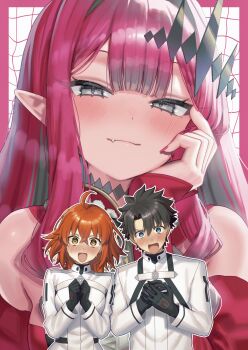 Rule 34 | 1girl, absurdres, baobhan sith (fate), baobhan sith (first ascension) (fate), black hair, blue eyes, blush, breasts, commentary, detached sleeves, dress, fate/grand order, fate (series), frilled dress, frills, fujimaru ritsuka (female), fujimaru ritsuka (female) (decisive battle chaldea uniform), fujimaru ritsuka (male), fujimaru ritsuka (male) (decisive battle chaldea uniform), grey eyes, hair ornament, hand on own face, highres, katashiro, long hair, looking at viewer, open mouth, orange hair, pink hair, pointy ears, red dress, short hair, smile, solo, yellow eyes