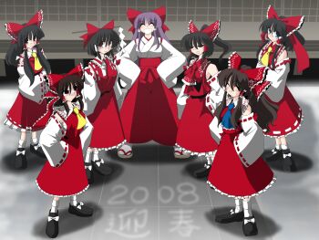 00s 2008 6+girls black_hair brown_hair comparison evolution female_focus hair_tubes hakurei_reimu hakurei_reimu_(pc-98) immaterial_and_missing_power imperishable_night japanese_clothes kieyza kiezya miko mountain_of_faith multiple_girls multiple_persona mystic_square perfect_cherry_blossom phantasmagoria_of_flower_view purple_hair embodiment_of_scarlet_devil touhou touhou_(pc-98)
