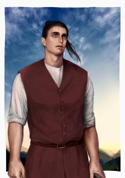 Rule 34 | 1boy, adam's apple, black hair, blue sky, border, buttons, chi.: chikyuu no undou ni tsuite, floating hair, highres, holding, jacket, k05062688, lips, long hair, male focus, nose, oczy, red jacket, shirt, sky, sleeves rolled up, solo, white border, white shirt