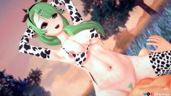 1boy 1girl 3d animal_ears animal_print animated armpits arms_up bikini blue_eyes bouncing_breasts breasts breasts_out cow_ears cow_girl cow_horns cow_print cow_print_bikini cowgirl_position crelly cum cum_in_pussy cum_on_body exhibitionism female_ejaculation female_focus female_orgasm female_pubic_hair femdom green_hair harada4780 heterochromia highres horns indie_virtual_youtuber jiggle koikatsu_(medium) lechery_amore_(voice_actor) nipples orgasm outdoors print_bikini pubic_hair public_indecency pussy_juice red_eyes riding side_ponytail sound spamkaju straddling swimsuit tagme thick_thighs thighhighs thighs vaginal video virtual_youtuber