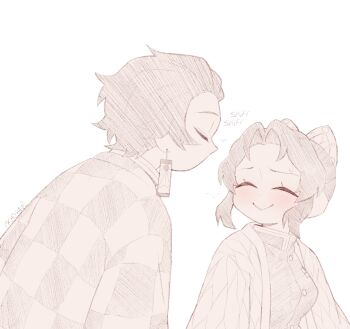 1boy alternate_universe animal_print belt black_hair blue_butterfly blush brown_hair bug butterfly butterfly_print checkered_clothes checkered_haori checkered_sash closed_eyes contemporary couple demon_slayer_uniform earrings flower gradient_hair hanafuda hanafuda_earrings haori hug insect japanese_clothes jewelry kamado_tanjirou kimetsu_no_yaiba kishimen_hair kochou_shinobu multicolored_hair open_mouth pkhoahue purple_butterfly scar scar_on_face scar_on_forehead smile sword_writing updo white_belt wisteria