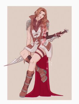 1girl aerith_gainsborough armor boots braid breasts brown_background brown_boots brown_hair cloak closed_mouth cosplay crossed_legs final_fantasy final_fantasy_vii final_fantasy_vii_ever_crisis floating full_body gradient_hair green_eyes gunblade hair_over_shoulder holding holding_weapon lightning_farron lightning_farron_(cosplay) long_hair medium_breasts multicolored_hair official_alternate_costume parted_bangs pink_hair red_cloak shanlieart shoulder_armor single_braid solo vest weapon white_background white_vest