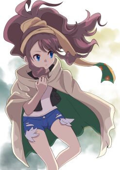1girl absurdres black_jacket blue_eyes blue_shorts brown_cloak brown_hair brown_hairband cloak closed_mouth commentary_request cosplay cutoffs denim denim_shorts green_cloak ground_miku_(project_voltage) ground_miku_(project_voltage)_(cosplay) hairband hand_up hatsune_miku high_ponytail highres hilda_(pokemon) jacket looking_to_the_side nintendo open_clothes open_jacket pokemon pokemon_bw ponytail project_voltage sheyona shirt short_shorts shorts solo standing two-tone_cloak vocaloid white_shirt