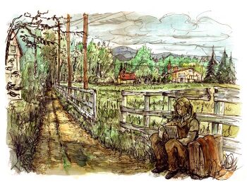 1boy cloud edward_elric fence fullmetal_alchemist grass house kiwakiwa landscape male_focus newspaper painting_(medium) ponytail reading rural solo suitcase traditional_media tree watercolor_(medium)