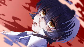 Rule 34 | 1girl, blood, blood from mouth, blue hair, bruise, bruise on face, collared shirt, commentary, dutch angle, english commentary, gauze, gauze on cheek, gauze on face, hair between eyes, highres, injury, kuraedo, nose, nosebleed, open mouth, original, red background, shirt, short hair, solo, upper body, white shirt, yellow eyes