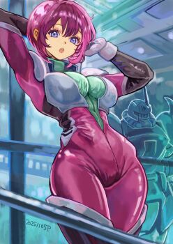 1girl absurdres ahoge breasts gelgoog_menace gundam gundam_seed gundam_seed_destiny highres looking_at_viewer lunamaria_hawke mecha mecha_pilot_suit military normal_suit_(gundam) okrdisk2000 open_mouth purple_eyes red_hair robot science_fiction short_hair solo tagme