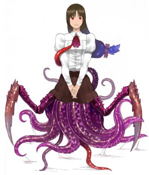 Rule 34 | 1girl, bad id, bad pixiv id, brown hair, female focus, monster, monster girl, red eyes, shiira, skirt, slime (substance), solo, tentacles