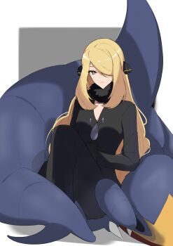 Rule 34 | 1girl, absurdres, black coat, black sclera, blonde hair, breasts, claws, coat, colored sclera, cynthia (pokemon), dragon, fire, flame-tipped tail, fur-trimmed coat, fur-trimmed collar, fur collar, fur trim, garchomp, gen 4 pokemon, grey eyes, hair ornament, hair over one eye, hammerhead shark, highres, long hair, long sleeves, nintendo, pokemon, pokemon (creature), pokemon dppt, revision, sharp teeth, shifatur17, spikes, tail, teeth, v-neck, very long hair