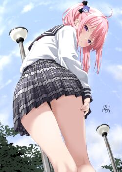 1girl ass ass_peek black_sailor_collar blue_sky closed_mouth cloud day from_behind grey_skirt kinohara_hikaru lamppost looking_at_viewer looking_back original pink_hair plaid_clothes plaid_skirt purple_eyes sailor_collar school_uniform serafuku skirt sky smile solo standing twintails