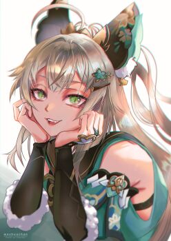 Rule 34 | 1girl, :d, absurdres, ahoge, animal ear fluff, animal ears, bare shoulders, cat ears, commentary request, detached sleeves, fang, genshin impact, green eyes, grey hair, hands up, highres, kirara (genshin impact), long hair, long sleeves, looking at viewer, open mouth, smile, solo, upper body, washuu, white background