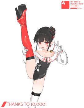 1girl artist_name bare_shoulders black_hair black_leotard boots breasts chikuwa_fan973 collarbone earrings flying_sweatdrops gloves high_heel_boots high_heels highres jewelry leg_up leotard lower_teeth_only milestone_celebration original red_boots red_eyes short_hair simple_background single_earring small_breasts solo split standing standing_on_one_leg standing_split sweat teeth thigh_boots v white_background white_boots white_gloves