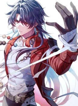 1boy bandaged_chest bandaged_hand bandages belt black_gloves black_hair black_pants blade_(elation)_(honkai:_star_rail) blade_(honkai:_star_rail) coat commentary_request gloves gradient_hair highres honkai:_star_rail honkai_(series) jewelry kuro015896 lapels long_hair looking_at_viewer male_focus multicolored_hair necklace official_alternate_costume pants parted_lips red_coat red_eyes simple_background solo very_long_hair white_background