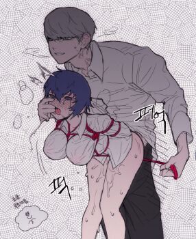 Rule 34 | 1boy, 1girl, ahegao, blue hair, breasts, clothed sex, commentary request, doggystyle, grey hair, highres, large breasts, narukami yu, neukpu, persona, persona 4, sex, sex from behind, shirogane naoto, short hair, size difference, strap, tomboy