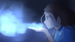 1girl avatar:_the_last_airbender avatar_legends blue_dress blue_eyes brown_hair canxtanwe dark_background dress fog frost highres ice jewelry jujutsu_kaisen katara long_hair necklace
