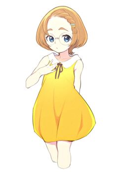 1girl alternate_hairstyle arm_behind_back blue_eyes braid brown_hair collared_dress cropped_legs dress feet_out_of_frame forehead glasses hair_ornament hairpin highres ichinose_minori precure round_eyewear short_hair solo tropical-rouge!_precure ukokkei yellow_dress