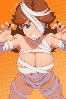 1girl bandage_over_one_eye bandages blue_eyes breasts brown_hair grin halloween highres large_breasts long_hair looking_at_viewer mario_(series) mummy_costume naked_bandage nintendo orange_background patreon_username polka_dot polka_dot_background princess_daisy smile solo zelc-face