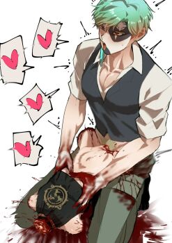 2boys amputee anal armless_amputee blood blood_on_clothes blood_on_hands blood_on_neck blood_splatter blush castration corpse death decapitation dottore_(genshin_impact) ero_guro genshin_impact green_hair guro heart highres legless_amputee male_focus multiple_boys necrophilia orgasm pants penis red_eyes scaramouche_(genshin_impact) sex shirt sleeveless sleeveless_shirt tongue tongue_out yaoi