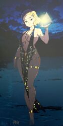 1girl alternate_costume anklet armlet artist_logo artist_name barefoot blonde_hair bracelet braid breasts cleavage cosplay dress elden_ring evening_gown glowing gold_armlet gold_bracelet gold_necklace gold_thighlet highres jewelry large_breasts light_particles logo long_legs necklace nintendo pointy_ears princess_zelda queen_marika_the_eternal queen_marika_the_eternal_(cosplay) r3dfive seductive_smile short_hair smile solo the_legend_of_zelda the_legend_of_zelda:_tears_of_the_kingdom thighlet thighs triforce wading