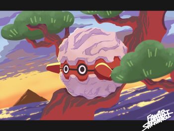 Rule 34 | absurdres, black eyes, cloud, forretress, gen 2 pokemon, highres, in tree, nintendo, no humans, orange sky, outdoors, pokemon, pokemon (creature), pokemon focus, sakanagi (a r co), sky, solo, tree