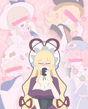 5girls absurdres anger_vein animal_hat bar_censor black_corset black_hat blonde_hair blue_hat blue_kimono blue_tabard blush bow breasts censored censored_identity cleavage closed_eyes closed_mouth collared_shirt commentary corset dango detached_sleeves dress drinking facing_viewer food fruit hair_ribbon hat hat_bow hat_ribbon heart highres holding holding_food holding_fruit holding_skewer japanese_clothes kimono large_breasts long_hair matara_okina mob_cap multiple_girls no_noru open_mouth orange_tabard peach pink_hair purple_bow purple_dress red_ribbon ribbon saigyouji_yuyuko sanshoku_dango shirt single_strap skewer smile tabard touhou triangular_headpiece very_long_hair wagashi watatsuki_no_toyohime white_hat white_shirt yakumo_ran yakumo_yukari yuri