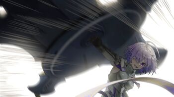 1girl ahoge armor commentary_request duang_(user_tsag8258) fate/grand_order fate_(series) hair_over_one_eye highres holding holding_shield incoming_attack mash_kyrielight mash_kyrielight_(paladin) motion_lines purple_eyes purple_hair shield