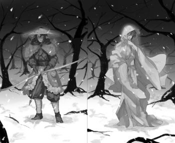 2boys ajirogasa alcryst_(fire_emblem) alternate_costume arrow_(projectile) asymmetrical_sidelocks bandaged_leg bandages bare_tree belt_pouch blush bow_(weapon) bridal_gauntlets capelet cloak coat fire_emblem fire_emblem_engage full_body fur-trimmed_coat fur_capelet fur_trim greyscale hair_between_eyes hat highres holding holding_bow_(weapon) holding_weapon hood hood_down hood_up japanese_clothes kimono long_sleeves looking_at_viewer male_alear_(fire_emblem) male_focus monochrome multiple_boys nintendo pants pouch quiver ramuniku_ooo short_hair sidelocks snow snowing split_screen standing swept_bangs tree waraji weapon wind yaoi yuki_onna