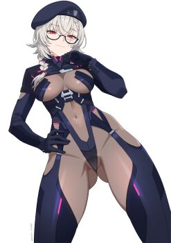 1girl absurdres beret black-framed_eyewear bodysuit braid breasts commentary covered_navel cowboy_shot english_commentary glasses gloves gluteal_fold grey_hair hand_on_own_hip hat highres indie_virtual_youtuber kuso_otoko looking_at_viewer medium_breasts red_eyes saruei_(vtuber) scar scar_across_eye scar_on_face semi-rimless_eyewear simple_background solo twitter_username under-rim_eyewear virtual_youtuber white_background