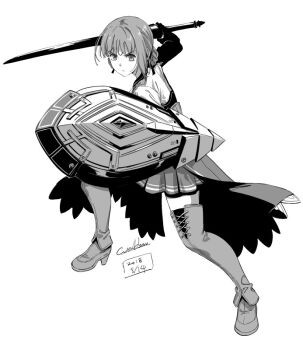 1girl arm_shield armor braid closed_mouth dated duvalie eiyuu_densetsu faulds fighting_stance full_body high_heels holding holding_sword holding_weapon looking_at_viewer sen_no_kiseki sen_no_kiseki_(series) sen_no_kiseki_i sen_no_kiseki_iv serious short_hair signature simple_background sketch solo sword v-shaped_eyebrows weapon werkbau