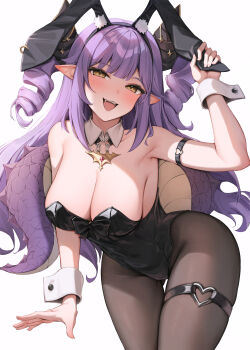 1girl absurdres animal_ear_hairband animal_ears arm_belt arm_up armpits bare_shoulders belt black_horns black_leotard black_pantyhose blush breasts cleavage collarbone commentary covered_groin covered_navel detached_collar dragon_girl dragon_horns dragon_tail drill_hair ears_down fake_animal_ears fangs gem gold hairband head_tilt heart heart_o-ring highres holding_ear horns large_breasts leaning_forward leotard long_hair looking_at_viewer o-ring open_mouth pantyhose pink_gem playboy_bunny pointy_ears purple_hair rabbit_ears sakihane_huya shiriaru_(jjonaeng) sideboob sidelocks simple_background smile solo standing stellive strapless strapless_leotard tail thigh_belt thigh_strap thighs twin_drills two_side_up very_long_hair virtual_youtuber white_background white_wrist_cuffs wrist_cuffs yellow_eyes