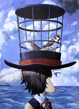 1other androgynous atoymk bird black_hair black_hat black_vest blue_sky collared_shirt enraku_tsubakura fine_art_parody hat highres len'en memories_from_hampton_(olbinski) neck_ribbon ocean other_focus parody red_ribbon ribbon shirt short_hair sky sleeveless sleeveless_shirt solo sparrow surreal vest