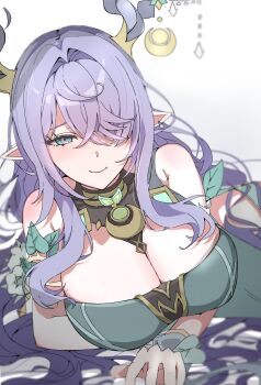 1girl absurdres antlers aqua_eyes armlet bare_shoulders breasts cleavage closed_mouth commentary_request deer_antlers dress earrings flower genshin_impact green_dress hair_intakes hair_over_one_eye highres horns jewelry large_breasts lauma_(genshin_impact) leaf long_hair looking_at_viewer one_eye_covered pointy_ears purple_hair sa8yo_o simple_background single_earring sleeveless sleeveless_dress smile solo very_long_hair white_background