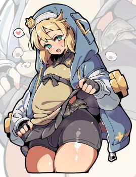 1boy aqua_eyes banknote black_shorts blonde_hair bridget_(guilty_gear) clothes_lift cowboy_shot cropped_legs dollar_bill fingerless_gloves gloves guilty_gear guilty_gear_strive heart implied_prostitution itsuka_neru long_hair looking_at_viewer male_focus medium_hair money shorts skirt skirt_lift solo spoken_heart sweatdrop thick_thighs thighs trap