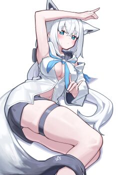 1girl absurdres animal_ears aqua_eyes arm_up armpits black_shorts blue_neckerchief blush breasts cleavage closed_mouth commentary_request crossed_bangs deaver detached_sleeves double_fox_shadow_puppet extra_ears fox_ears fox_girl fox_shadow_puppet fox_tail hair_between_eyes highres hololive hood hood_down hoodie large_breasts long_hair looking_at_viewer lying navel neckerchief on_side pentagram shirakami_fubuki shirakami_fubuki_(1st_costume) shirt shorts simple_background single_detached_sleeve solo tail thick_thighs thigh_strap thighs virtual_youtuber white_background white_hair white_hoodie white_shirt