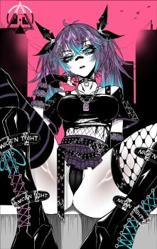 1girl bandaid bandaid_on_face bandaid_on_nose black_boots black_panties black_shirt black_thighhighs blue_eyes blue_hair boots cameltoe dizzle fishnet_thighhighs fishnets highres indie_virtual_youtuber long_hair looking_at_viewer melody_(projektmelody) melody_(projektmelody)_(goth) multicolored_hair panties pink_hair purple_hair shirt solo streaked_hair thighhighs twintails underwear virtual_youtuber