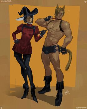 1boy 1girl abs ada_wong alternate_costume animal_collar animal_ears bara bell black_hair blonde_hair blue_eyes bulge cat_ears collar commentary english_commentary fake_animal_ears fake_tail fingerless_gloves gloves hat highres holding holding_wand jingle_bell large_pectorals leon_s._kennedy lips muscular muscular_male navel navel_hair neck_bell nipples pectorals resident_evil resident_evil_4 seansketches short_hair signature tail wand witch_hat