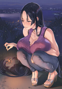 1girl bare_shoulders blush bra_visible_through_clothes breasts cleavage collarbone contemporary fate/grand_order fate_(series) feet fireworks high_heels highres large_breasts long_hair mhk_(mechamania) minamoto_no_raikou_(fate) parted_bangs platform_sandals purple_eyes purple_hair sandals see-through_clothes smile solo sparkler squatting toes very_long_hair
