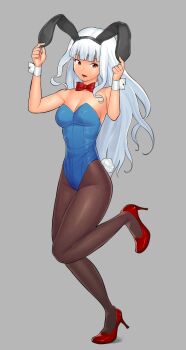 1girl animal_ears bow bowtie detached_collar fake_animal_ears female_focus idolmaster idolmaster_(classic) long_hair noriyasu pantyhose playboy playboy_bunny rabbit_ears rabbit_tail red_eyes shijou_takane silver_hair solo tail wrist_cuffs