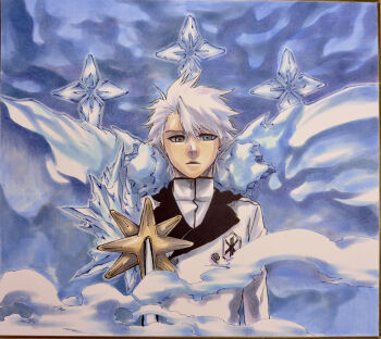 Rule 34 | 1boy, absurdres, bleach, bleach: sennen kessen-hen, coat, commentary, daiguren hyourinmaru (bankai), fog, green eyes, highres, hitsugaya toushirou, ice, ice wings, male focus, marker (medium), monster art (rlawnsgr7), solo, sword, traditional media, upper body, wandenreich uniform, weapon, white coat, white hair, wings, zanpakutou