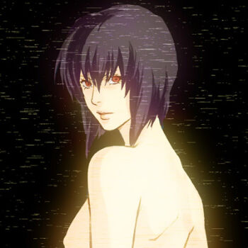 1girl back bad_id bad_pixiv_id black_background breasts commentary_request female_focus ghost_in_the_shell ghost_in_the_shell:_stand_alone_complex glowing kusanagi_motoko lips looking_at_viewer looking_back lowres nape nipples parted_lips purple_hair red_eyes short_hair shoulder_blades solo static topless_female upper_body