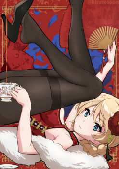 Rule 34 | 1girl, alternate costume, ass, black shoes, black thighhighs, blonde hair, blue eyes, blush, braid, breasts, china dress, chinese clothes, commentary, cup, darjeeling (girls und panzer), dress, ehirorotoon, flower, folding fan, from side, fur scarf, girls und panzer, hair flower, hair ornament, hand fan, high heels, highres, holding, holding cup, holding fan, large breasts, legs, legs up, looking at viewer, lying, on back, pantyhose, parted lips, pouring, red dress, red flower, shoe dangle, shoes, short hair, sleeveless, solo, tea, teacup, thighband pantyhose, thighhighs, thighs, twin braids, twitter username